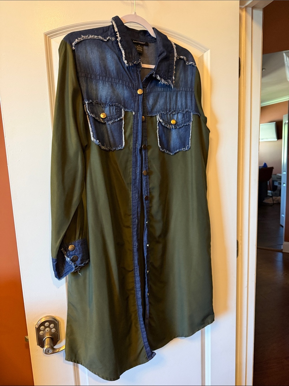 Olive Green Long Shirt Dress with Denim Trim